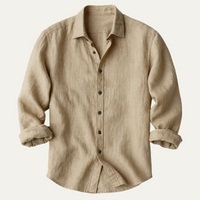 Brindley men's long sleeve linen button up shirt in Khaki