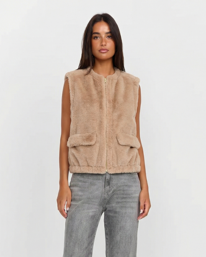 Celine | Teddy Borg Jacket Faux Fur Beige Sleeveless Zip Up