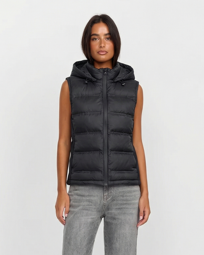 Kit | Puffer Jacket Black Quilted Hooded Sleeveless Zip Up