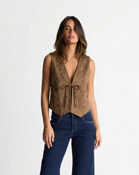 Fleur | Sleeveless Vest Top Brown Embroidered Tie Front V Neck