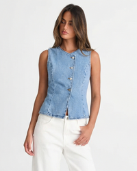 Sable | Denim Vest Light Blue Sleeveless Button Front Fitted