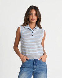 Lux | Striped Knitted Vest Top Light Blue Sleeveless Collared