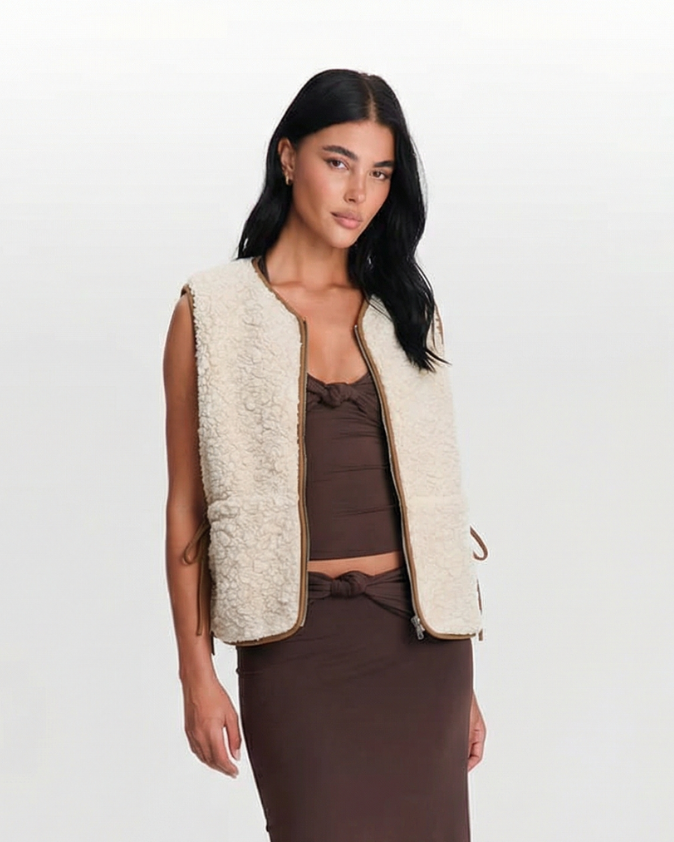 Faye | Casual Faux Fur Jacket Borg Cream Sleeveless Zip Up