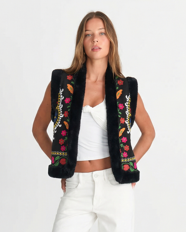 Sia | Embroidered Faux Fur Vest Black Sleeveless Floral