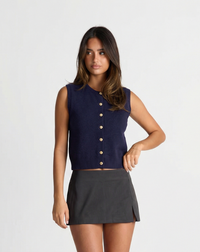 Sia | Sleeveless Knitted Top Navy Button Front Cropped