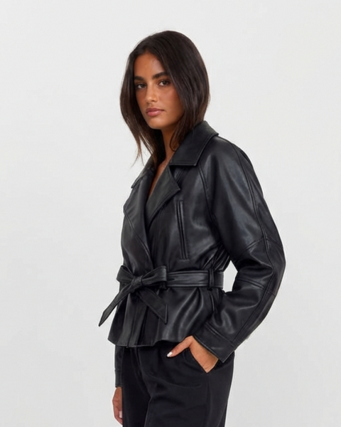 Amber | Cropped Faux Leather Trench Coat
