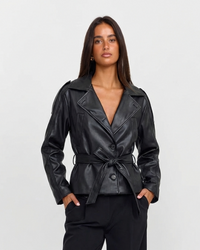 Mia | Belted Leather Jacket Black Fitted Long Sleeve