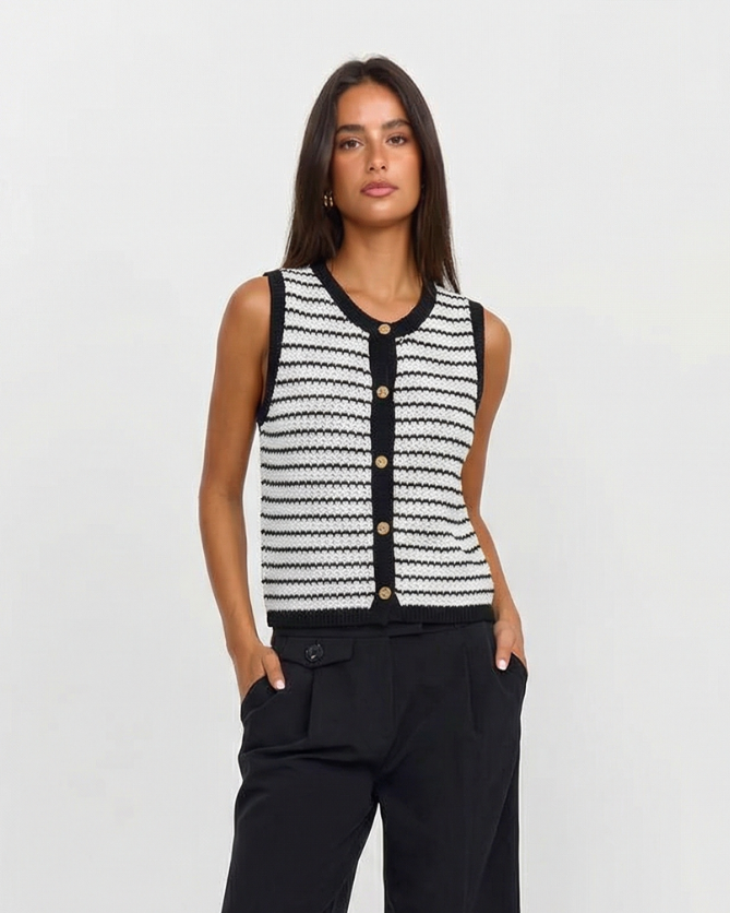 Cora | Striped Knit Cardigan Black White Sleeveless Button Front