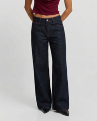 Aria | Wide Leg Jeans Black High Waisted Contrast Stitch
