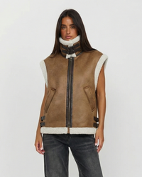Sia | Aviator Jacket Shearling Brown Cream Sleeveless Faux Fur Gilet