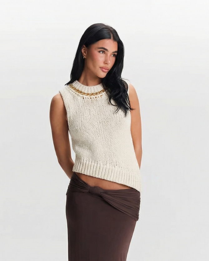 Nell | Knitted Vest Top Cream Sleeveless Chain Detail