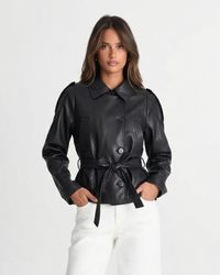 Iris | Elegant Faux Leather Belted Jacket Black