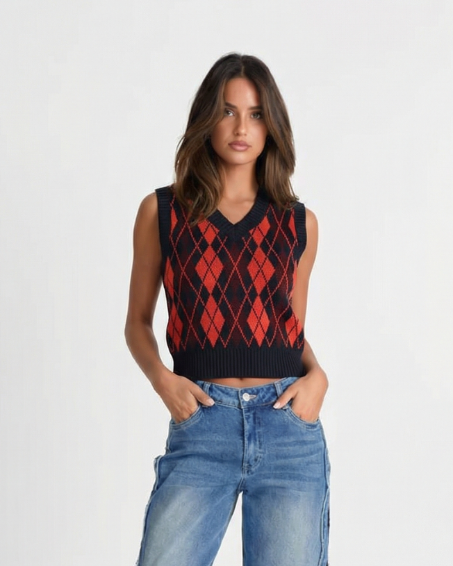 Sia | Knitted Vest Red Argyle Sleeveless V Neck