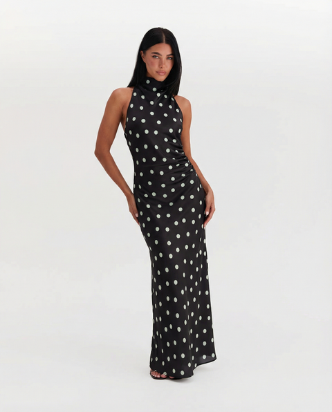 Caitlin | Polka Dot High Halter Neck Satin Maxi Dress