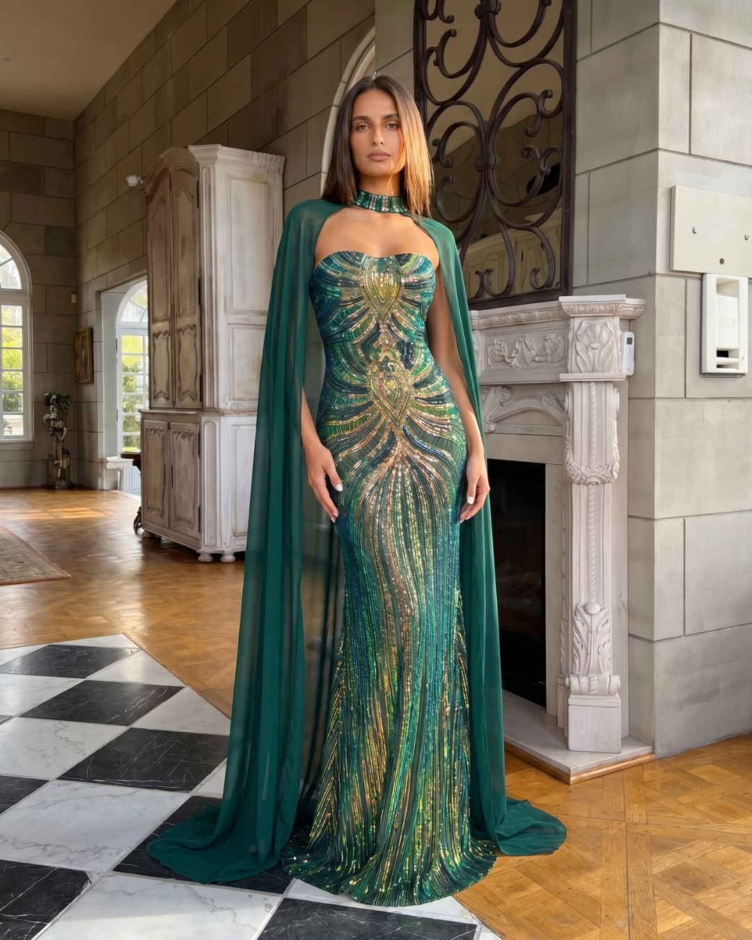 Woman in a green evening gown with a cape in an elegant interior setting