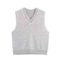Lola | Knitted Vest Top Grey Sleeveless V Neck Rhinestone Trim