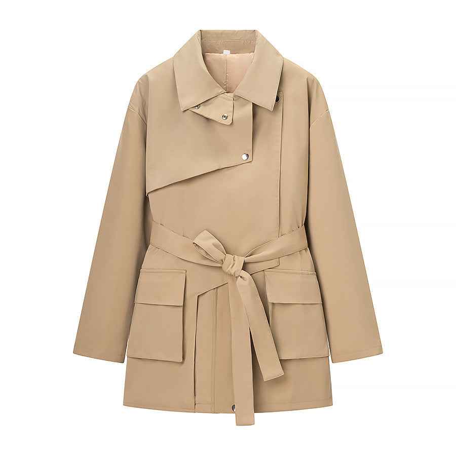 Willa | Utility Jacket Beige Belted Cargo Pockets Long