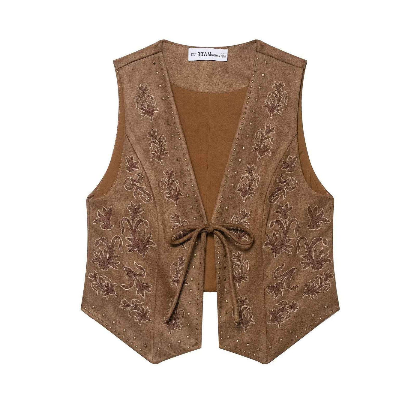 Fleur | Sleeveless Vest Top Brown Embroidered Tie Front V Neck