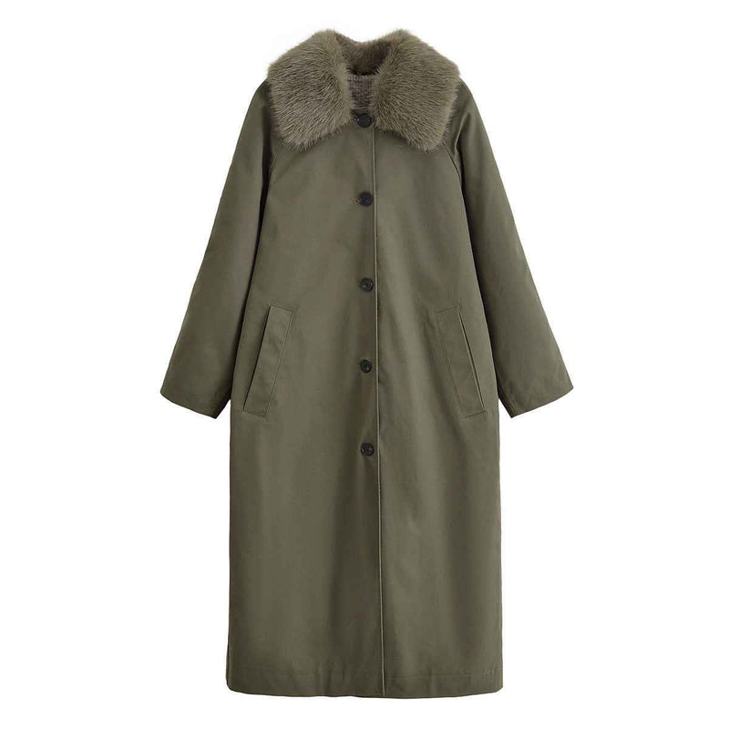 Cora | Faux Fur Collar Longline Coat Khaki Long
