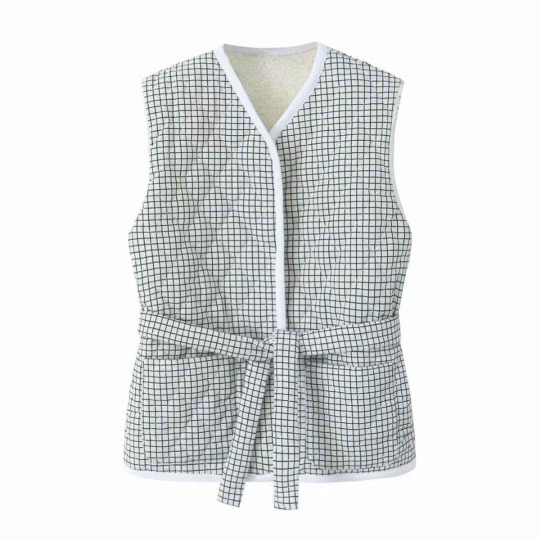 Wren | Belted Check Vest Top White Sleeveless Tie Front V Neck