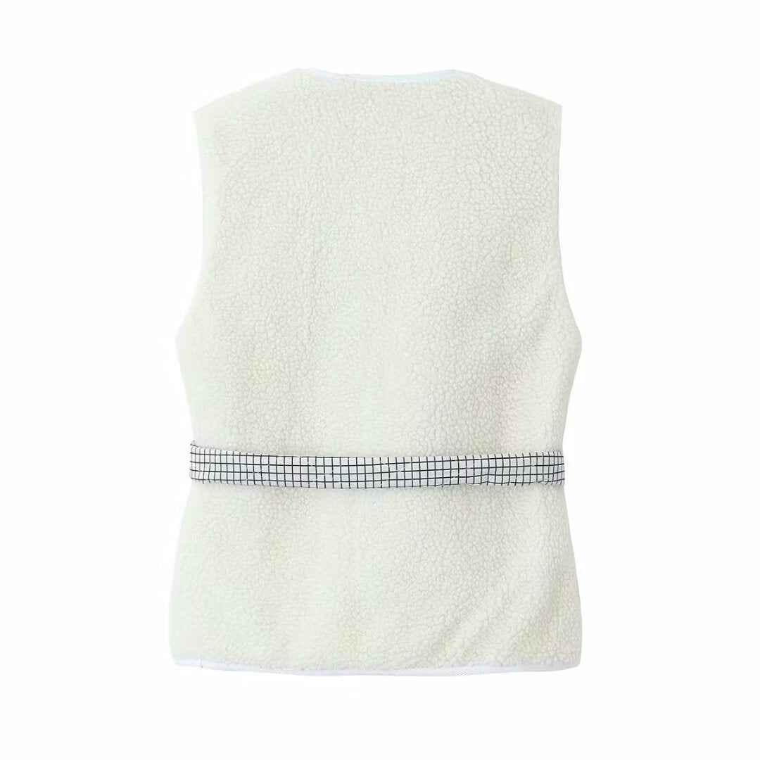 Wren | Belted Check Vest Top White Sleeveless Tie Front V Neck