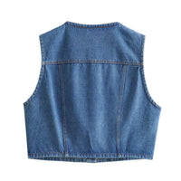 Sia | Cropped Vest Top Blue Denim Sleeveless Button Front Pockets