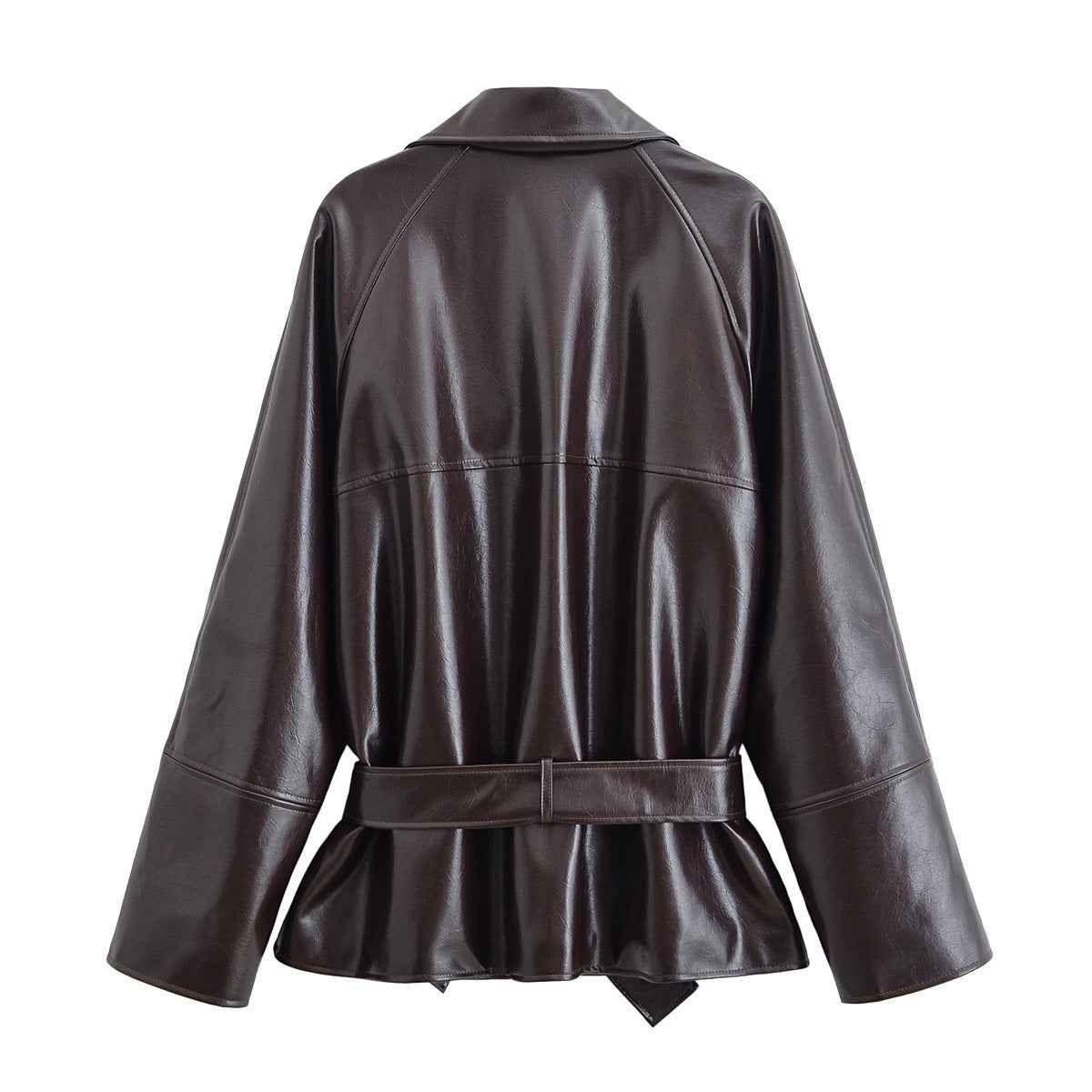 Vera | Elegant Belted Leather Jacket Black Long