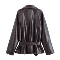 Vera | Elegant Belted Leather Jacket Black Long