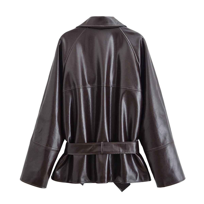 Vera | Elegant Belted Leather Jacket Black Long