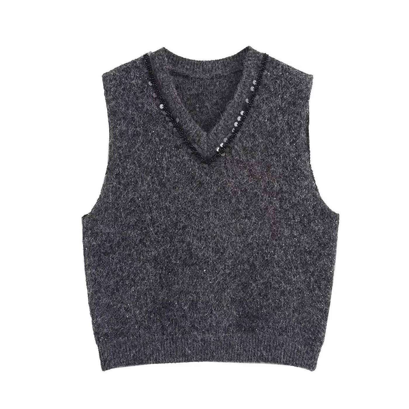 Lola | Knitted Vest Top Grey Sleeveless V Neck Rhinestone Trim