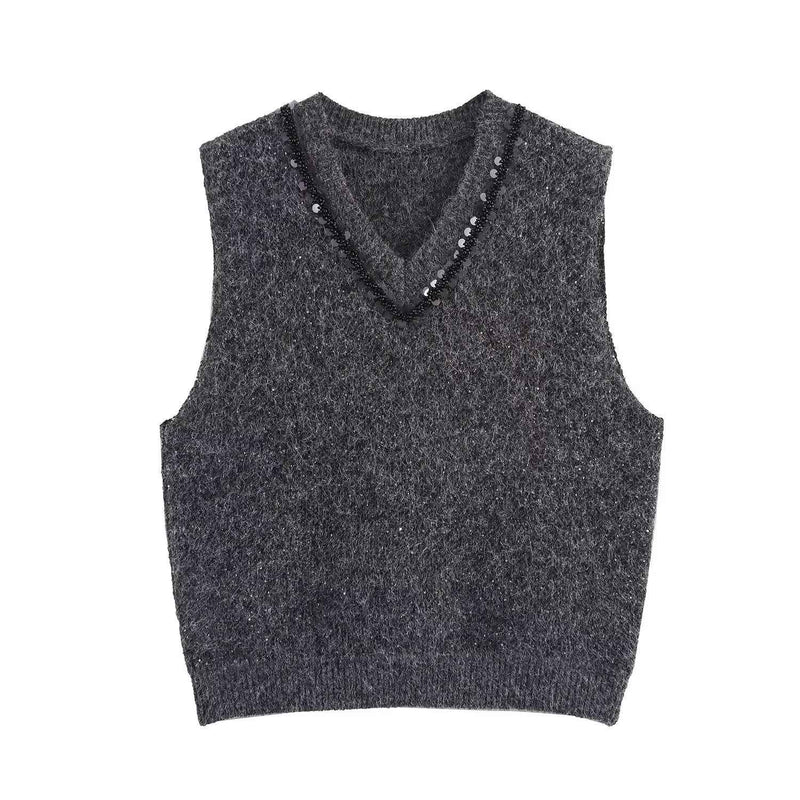 Lola | Knitted Vest Top Grey Sleeveless V Neck Rhinestone Trim