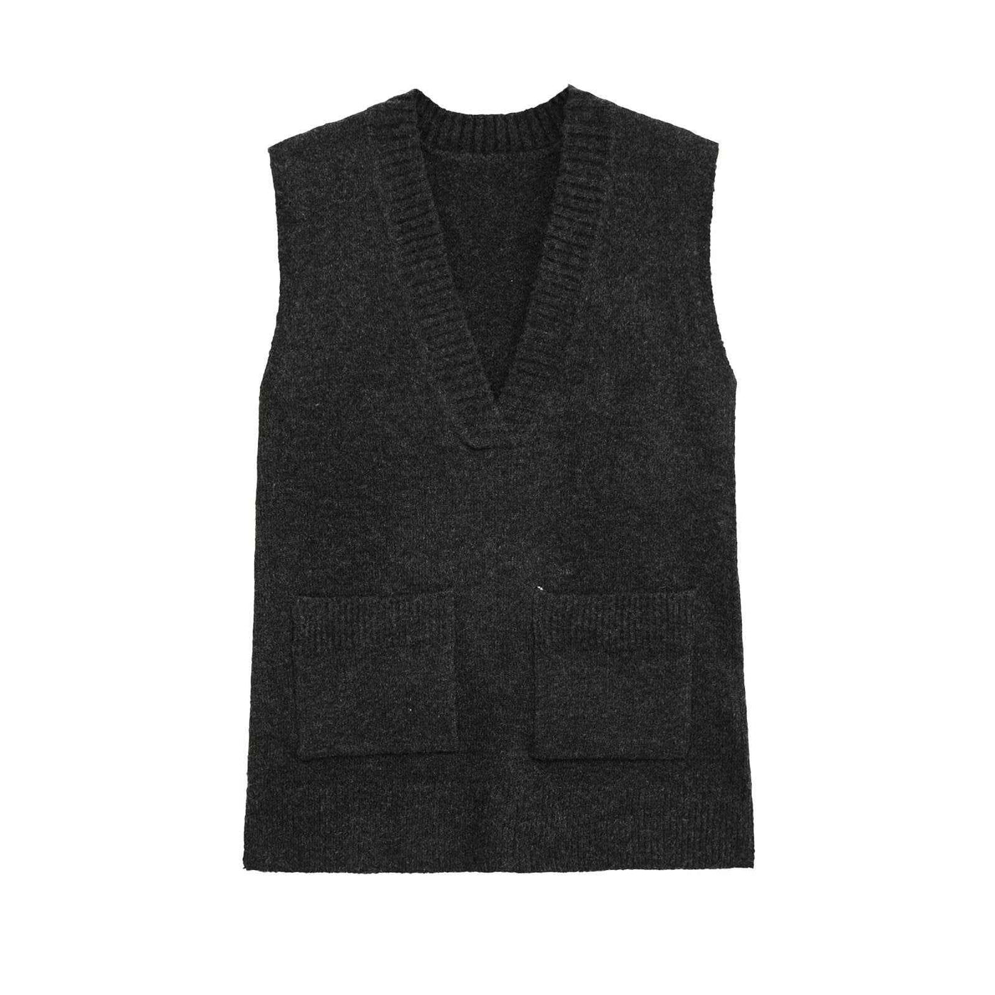 Isla | Knitted Sleeveless Cardigan Charcoal Grey V Neck Ribbed