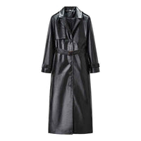 Cleo | Elegant Belted Leather Coat Black Long