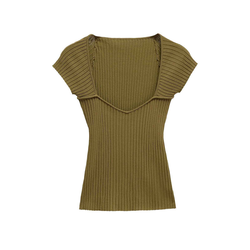 Lyra | Summer Square Neck Knitted Top Green Ribbed Short Sleeve