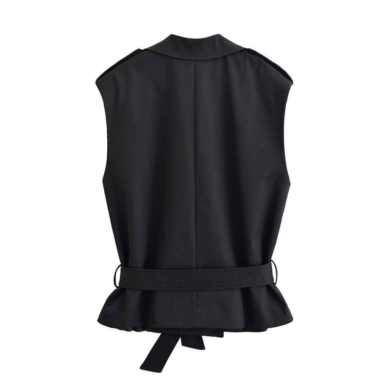 Liv | Sleeveless Blazer Black Belted Peplum Tailored