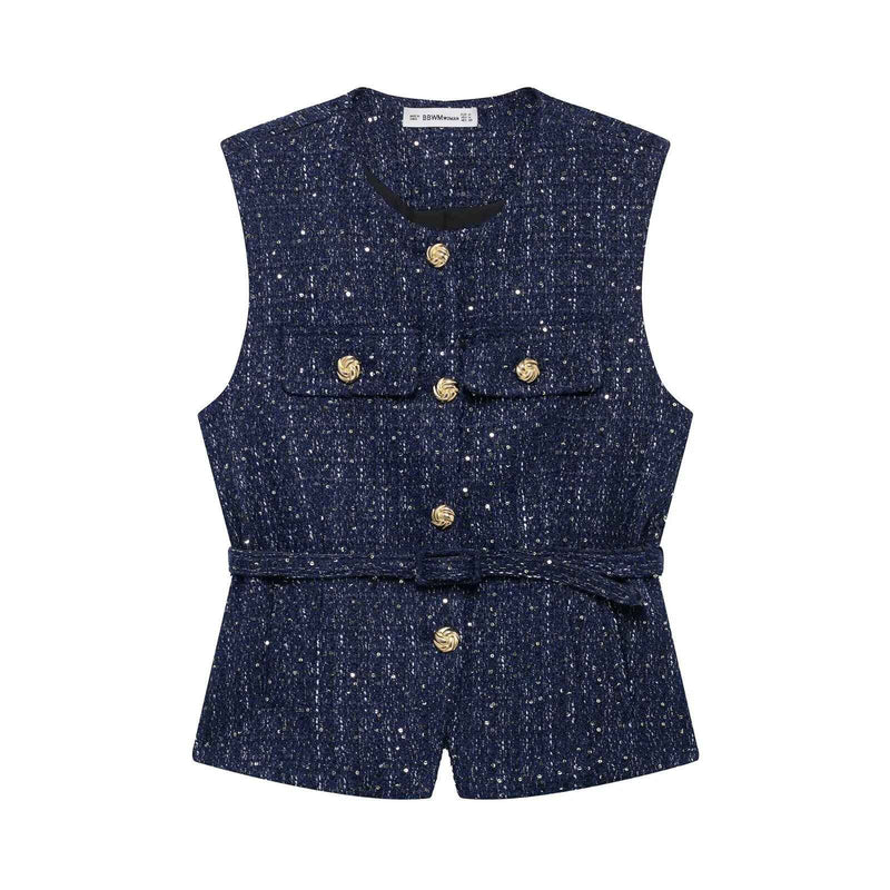 Gia | Elegant Tweed Sleeveless Blazer Black Belted Button Front