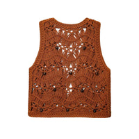 Etta | Summer Crochet Vest Brown Sleeveless Beaded Cropped