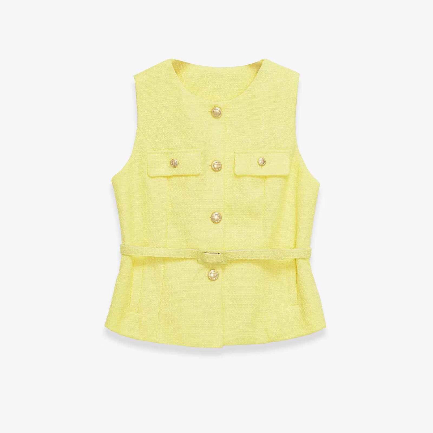 Gemma | Elegant Sleeveless Blazer Black Tweed Belted Gold Button