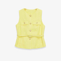 Gemma | Elegant Sleeveless Blazer Black Tweed Belted Gold Button