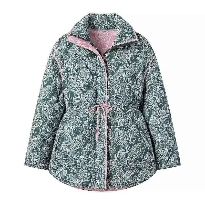 Rhea | Quilted Puffer Jacket Green Paisley Print Oversized Drawstring