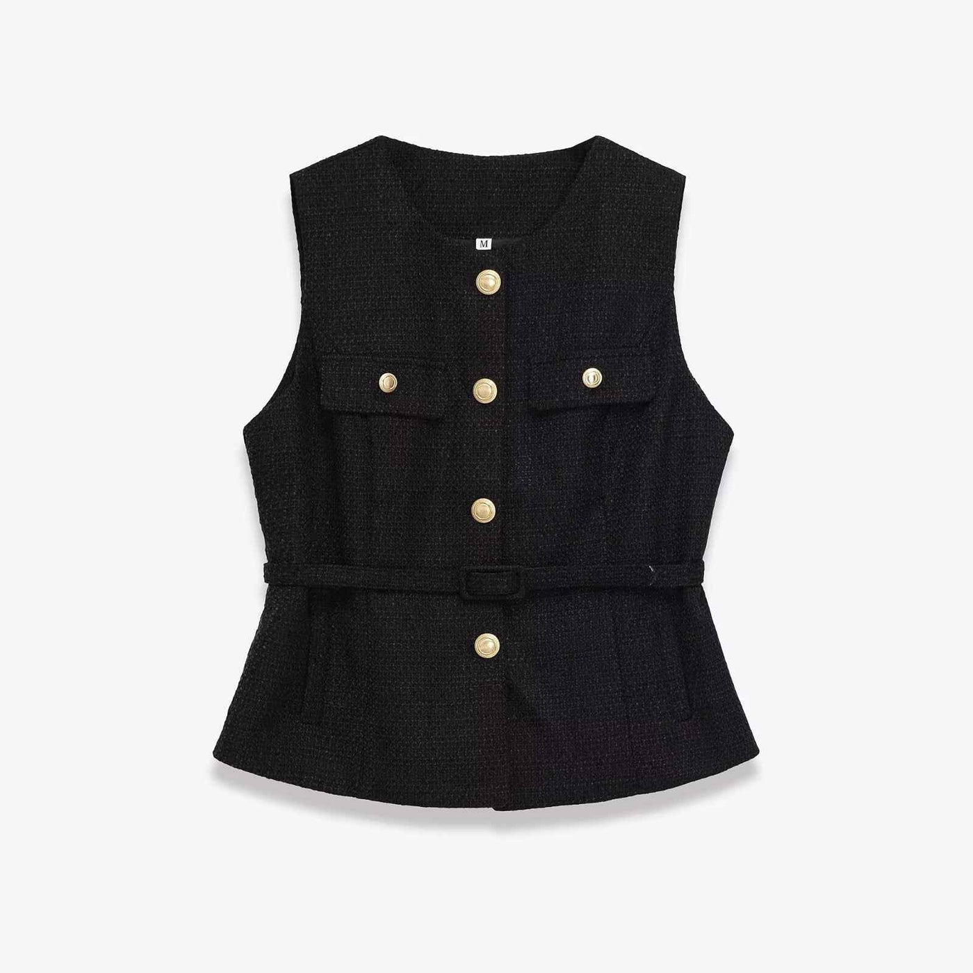 Gemma | Elegant Sleeveless Blazer Black Tweed Belted Gold Button