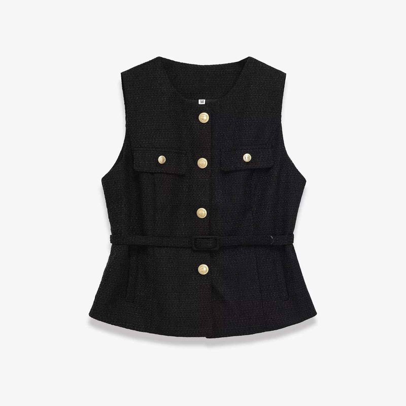 Gemma | Elegant Sleeveless Blazer Black Tweed Belted Gold Button