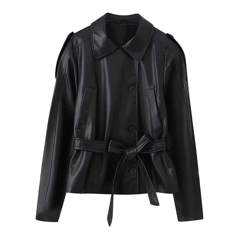 Iris | Elegant Faux Leather Belted Jacket Black