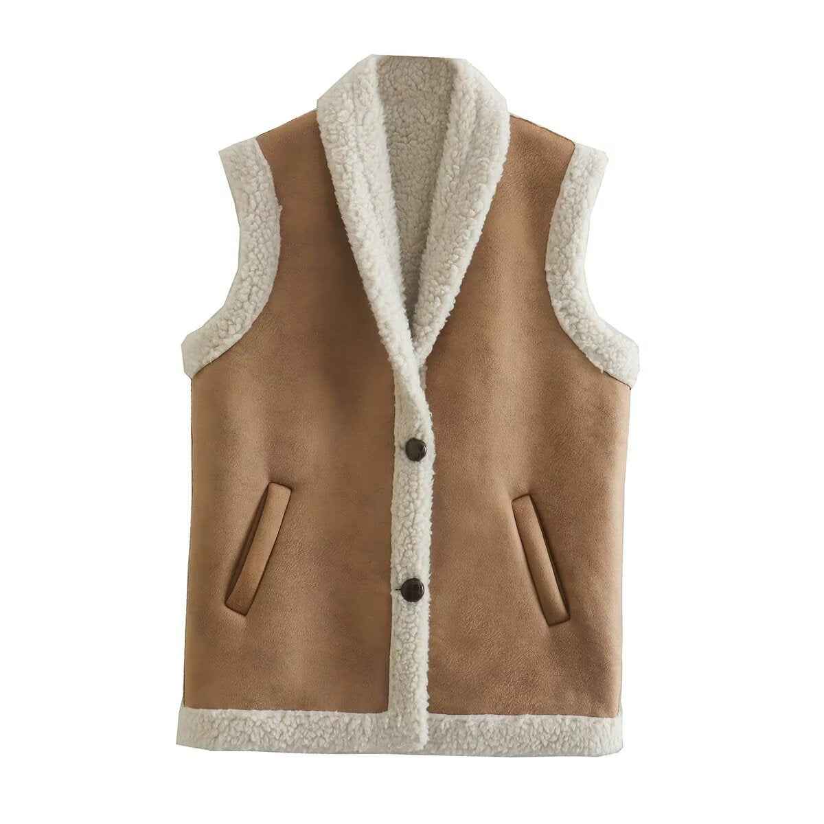Xena | Autumn Shearling Gilet Beige Sleeveless Faux Fur Trim Longline