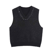 Lola | Knitted Vest Top Grey Sleeveless V Neck Rhinestone Trim