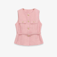 Gemma | Elegant Sleeveless Blazer Black Tweed Belted Gold Button