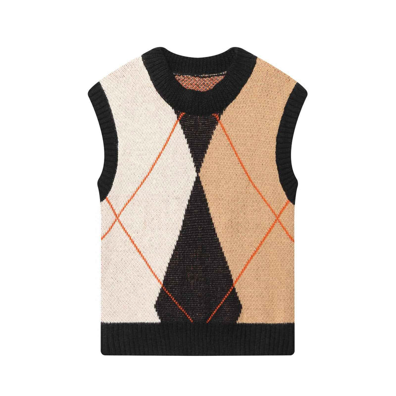 Mia | Knitted Vest Top Argyle Beige Black Sleeveless