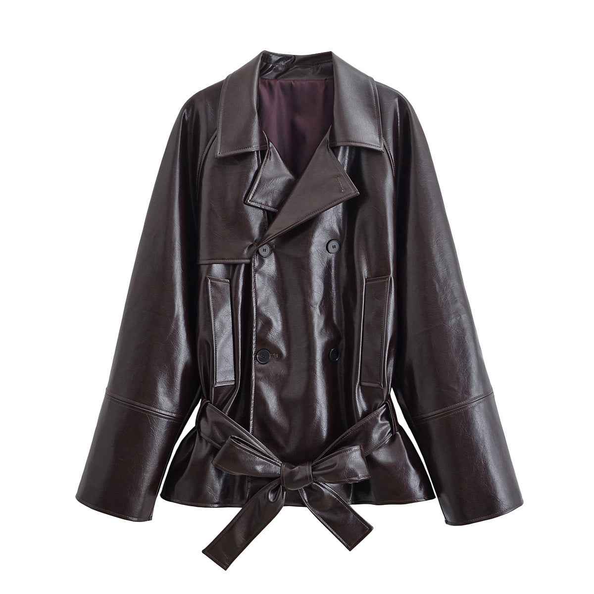 Vera | Elegant Belted Leather Jacket Black Long