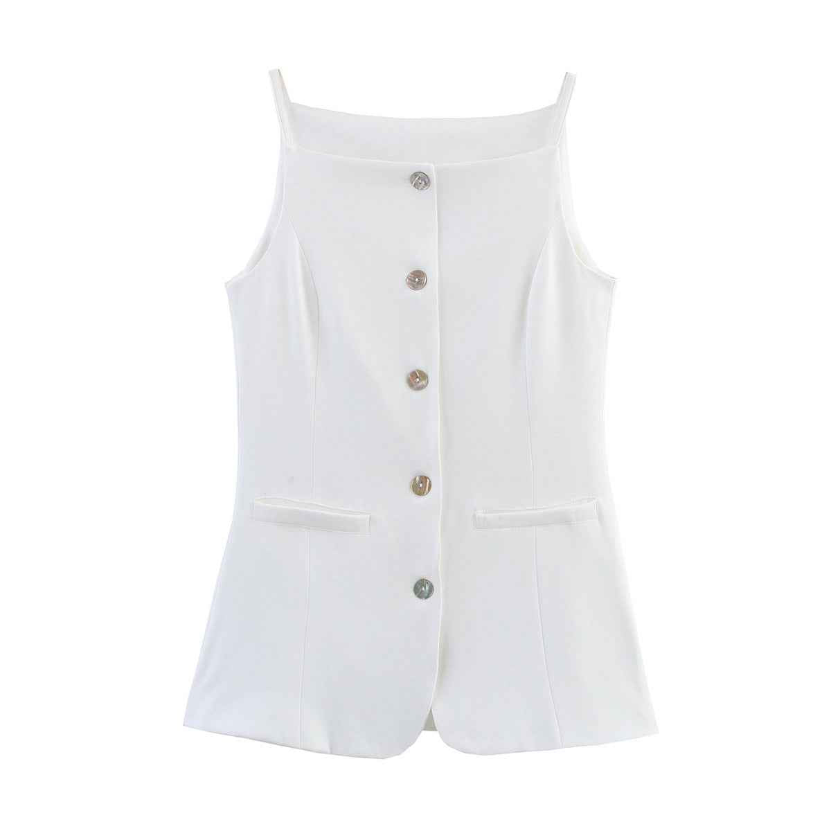 Tallulah | Square Neck Top White Sleeveless Button Front Fitted