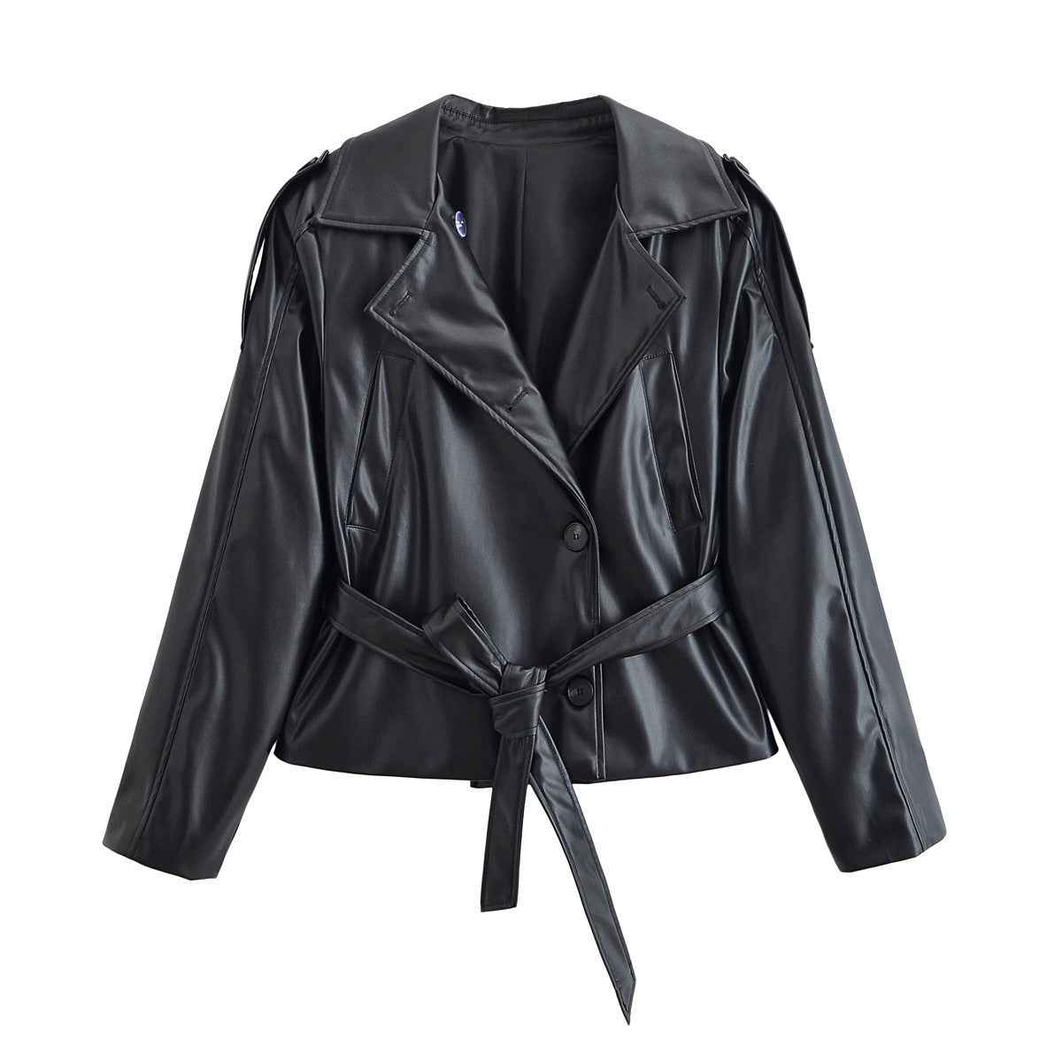 Mia | Belted Leather Jacket Black Fitted Long Sleeve